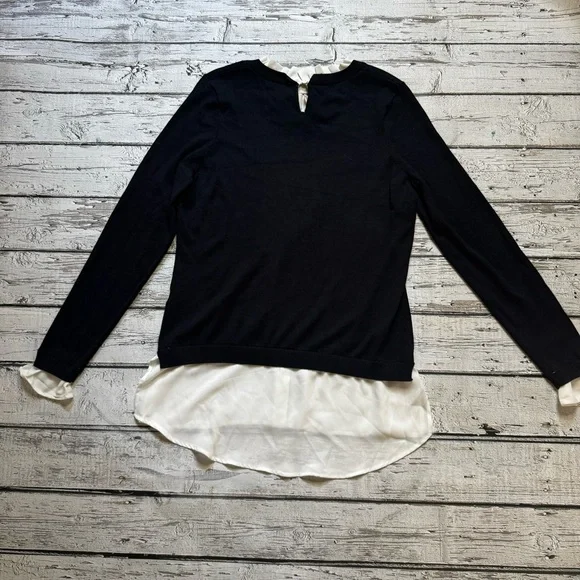 Adrianna Papell Women’s Ruffle Neck Twofer Sweater - Black & White, Size M - Picture 2 of 8